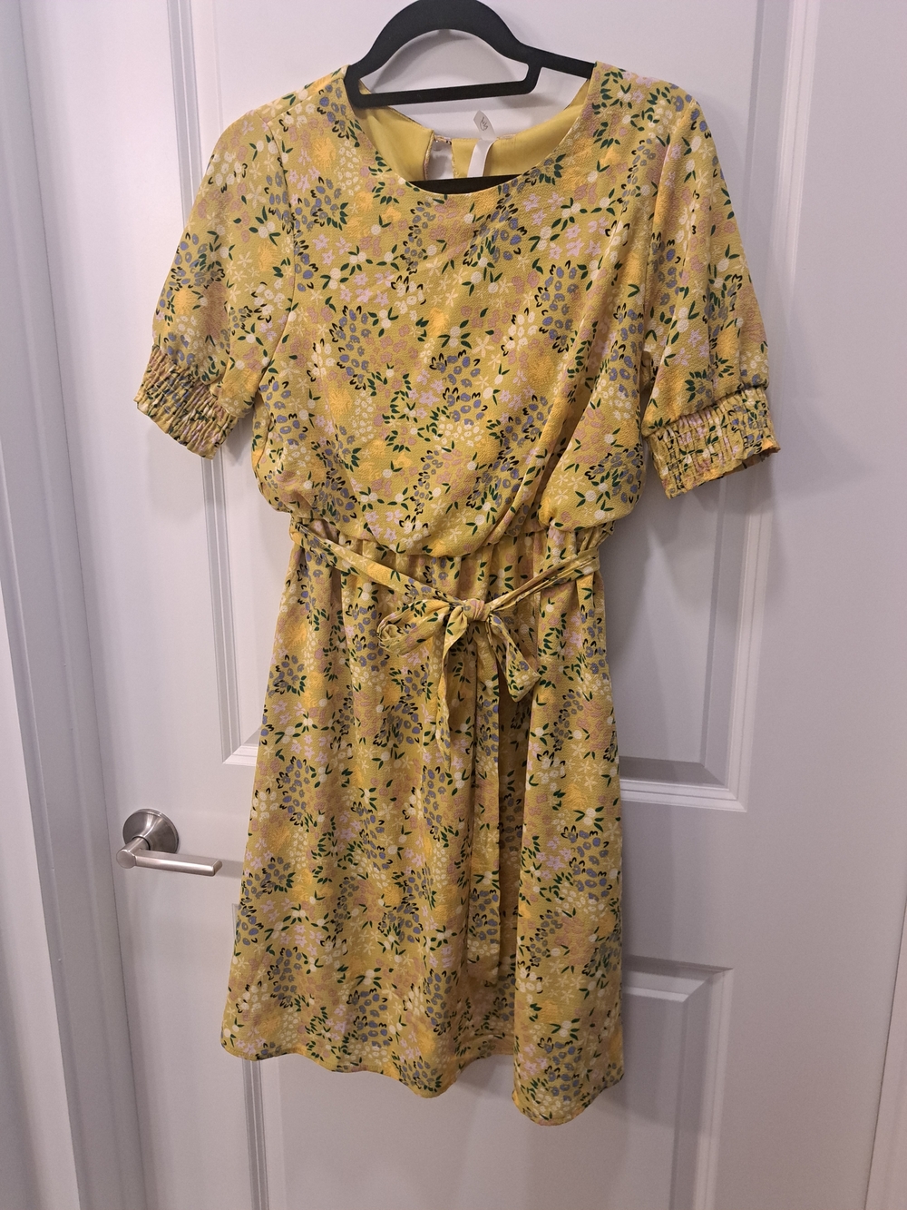 Yellow Floral Tie-Waist Women's Dress